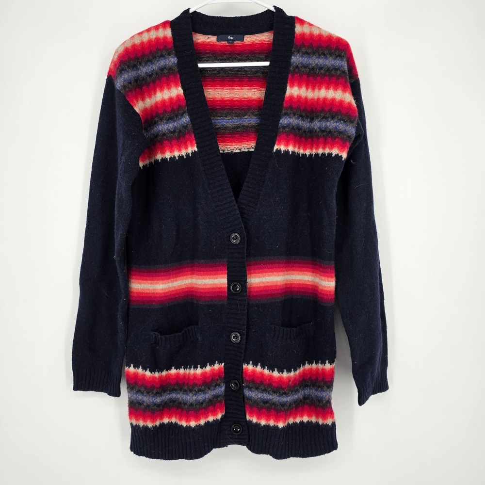 Gap Cardigan Sweater Small Navy Blue Fair Isle Boho Southwestern Lambswool